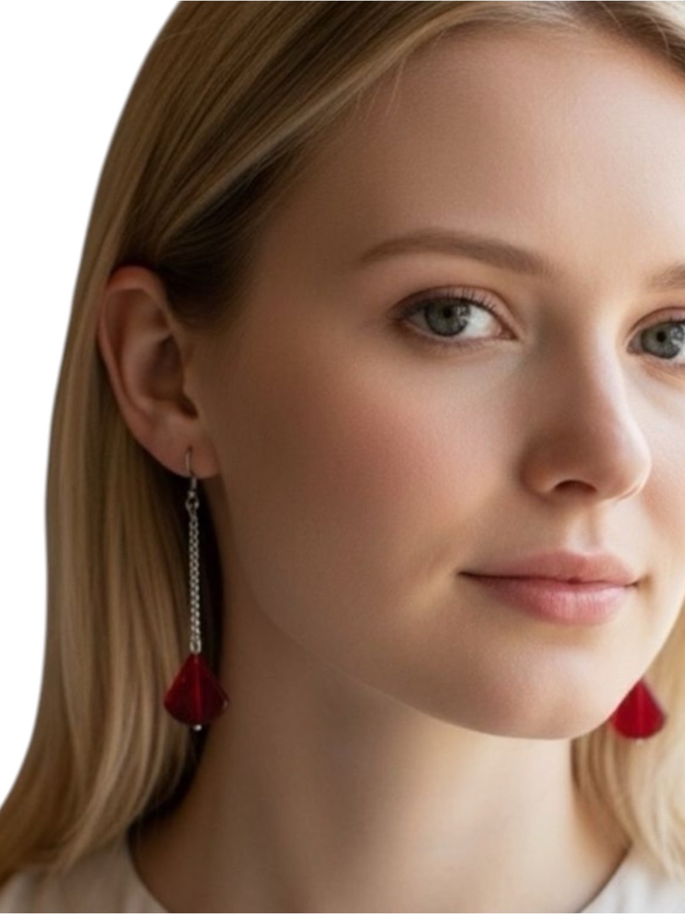 Hand Crafted Red Glass Triangle Bead Silver Chain Earrings NWT